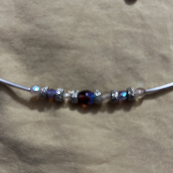 18 inch or less necklace with purple and iridescent beads. Matching earrings - Picture 2 of 3